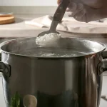 Tegame con acqua che cuoce e cucchiaio che ne estrae del riso bianco